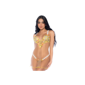 Nuisette transparente brodée jaune et string 